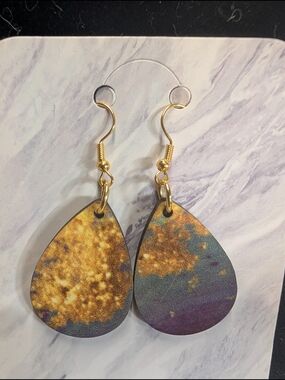 Hand Crafted Gold-Accented Teardrop Earrings with Purple and Blue Hues